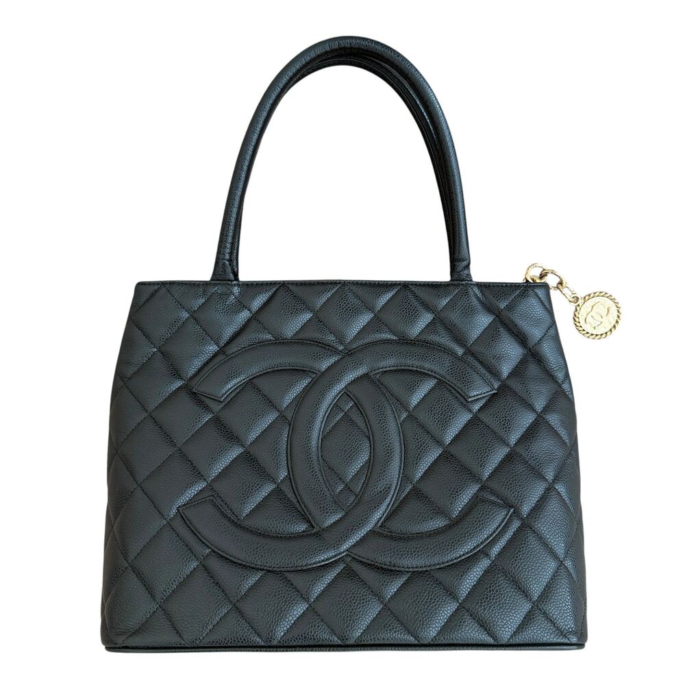 Chanel CC caviar black leather medallion tote bag authentic with COA dust bag